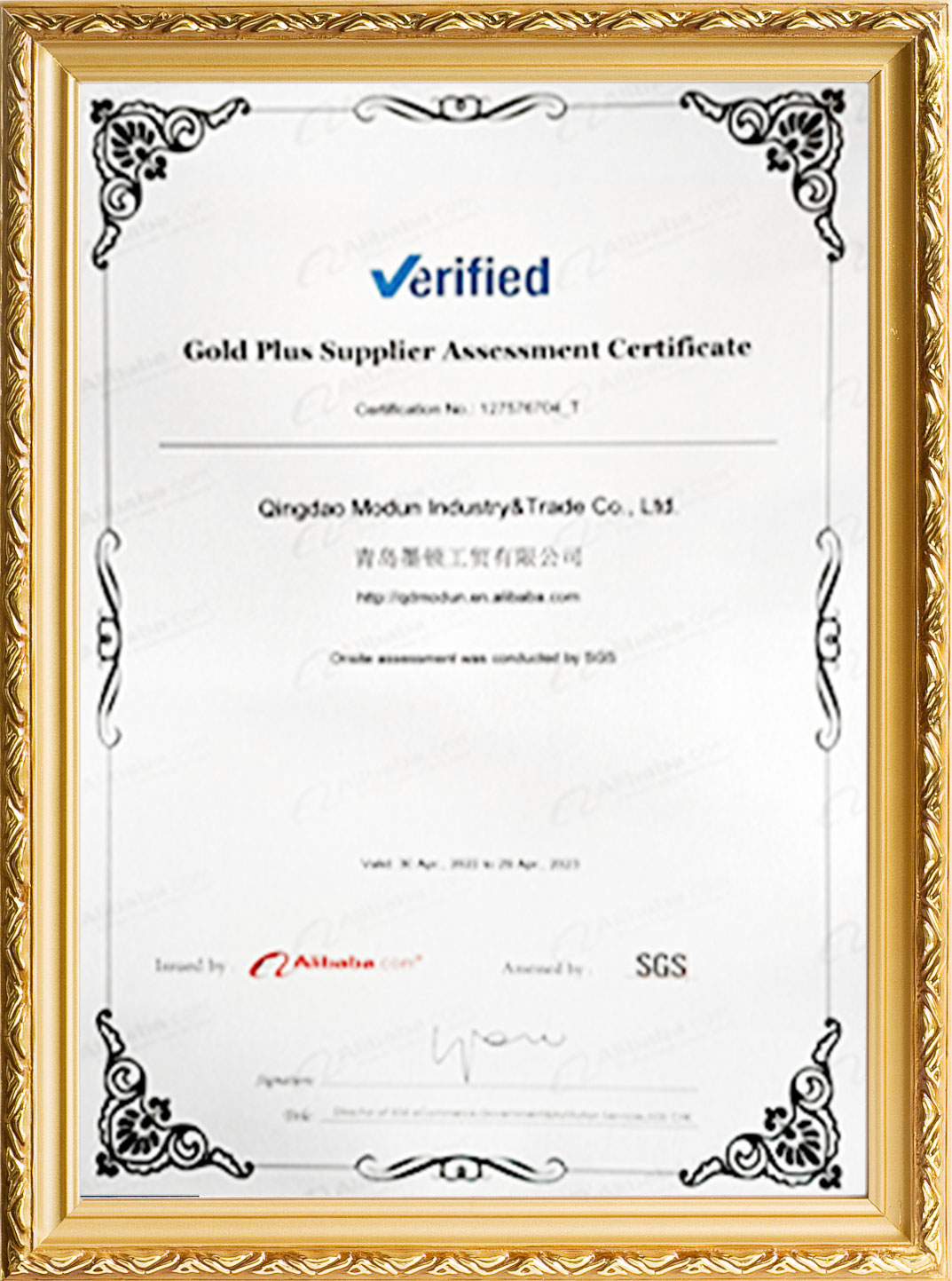 Alibaba.com Verified Gold Plus Supplier certificate assessed by SGS