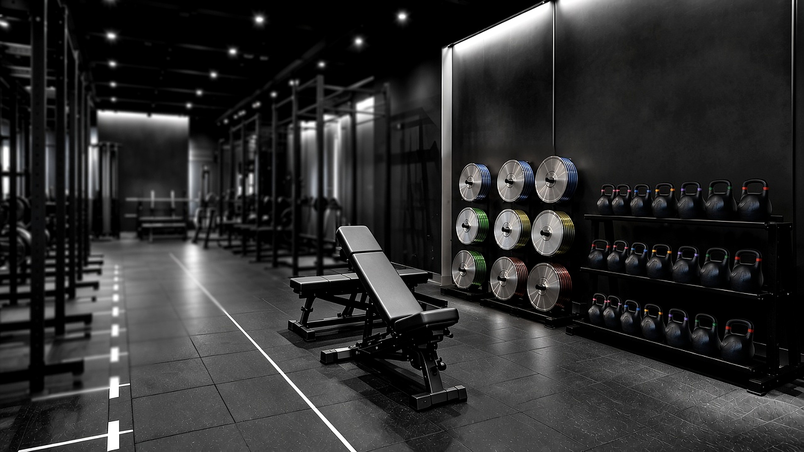 Commercial fitness club with kettlebells, cast iron plates and strength benches