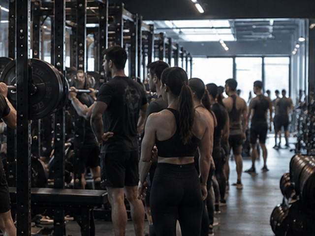 Crowded commercial gym floor at peak hour
