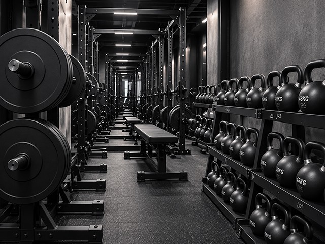 Heavy-use commercial gym racks and kettlebells