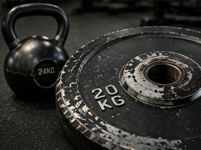 Commercial cast iron plate and kettlebell close-up