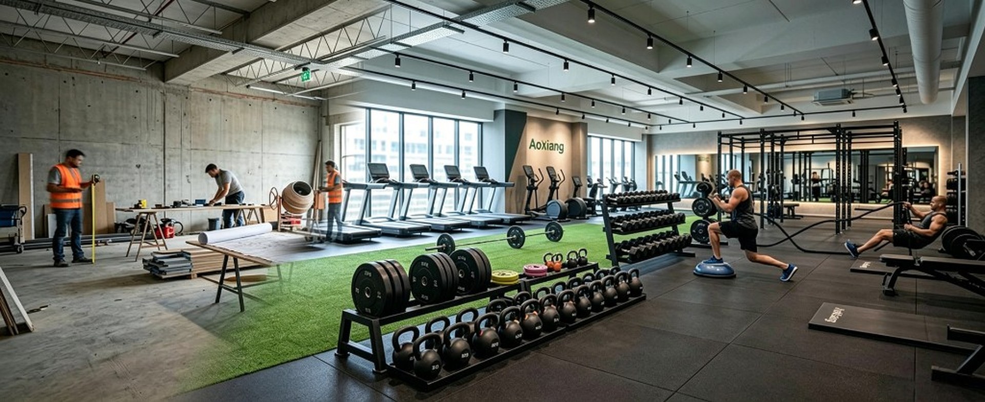 AoXiang free-weight zone build-out — from construction shell to opening-ready gym floor