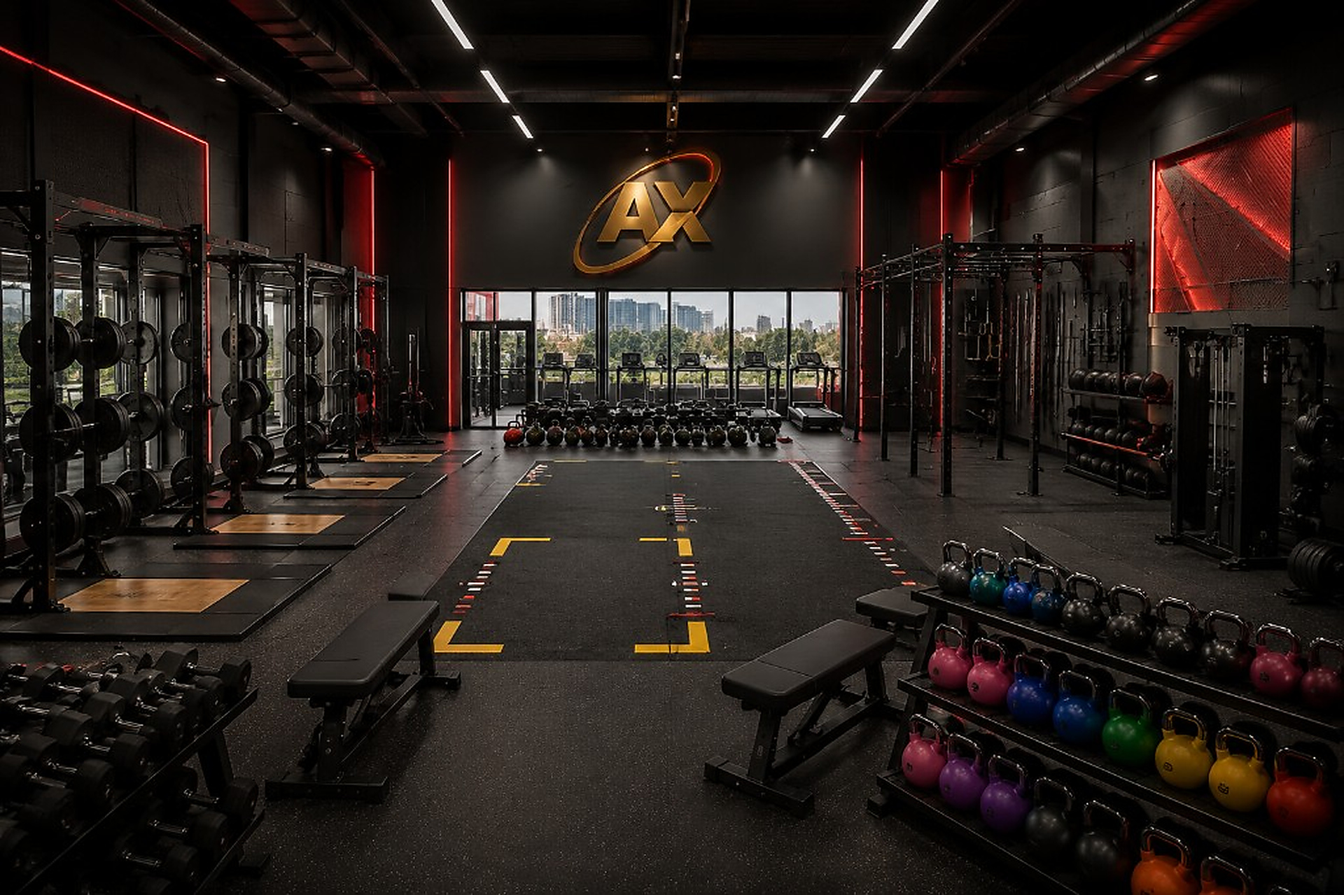 AX branded ground-up gym build with power racks and free-weight zones