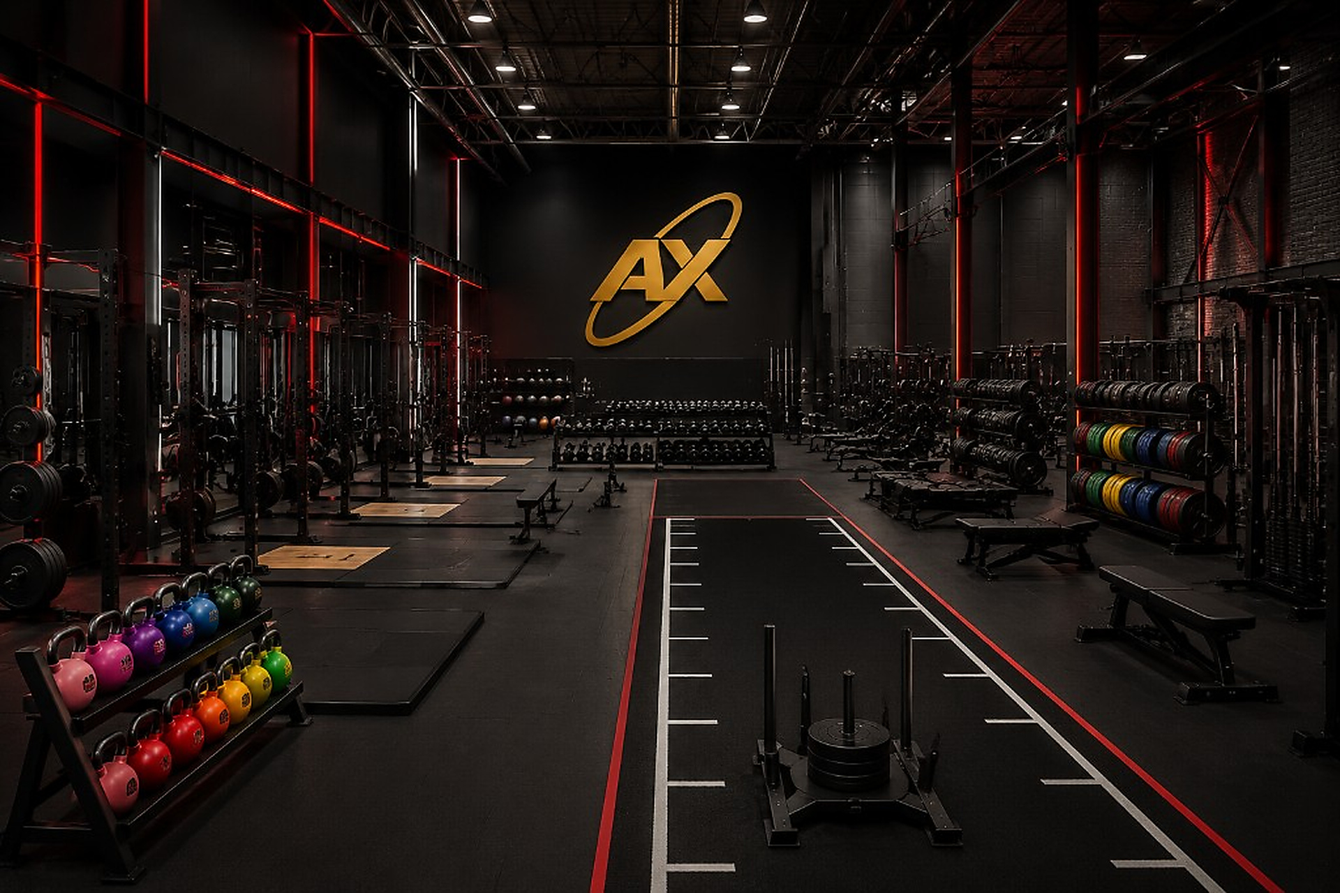 AX branded warehouse conversion gym with power racks, sled track and kettlebells