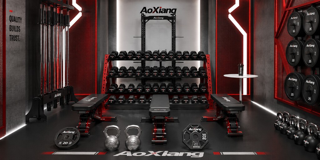 AoXiang branded commercial gym with racks, benches and kettlebells