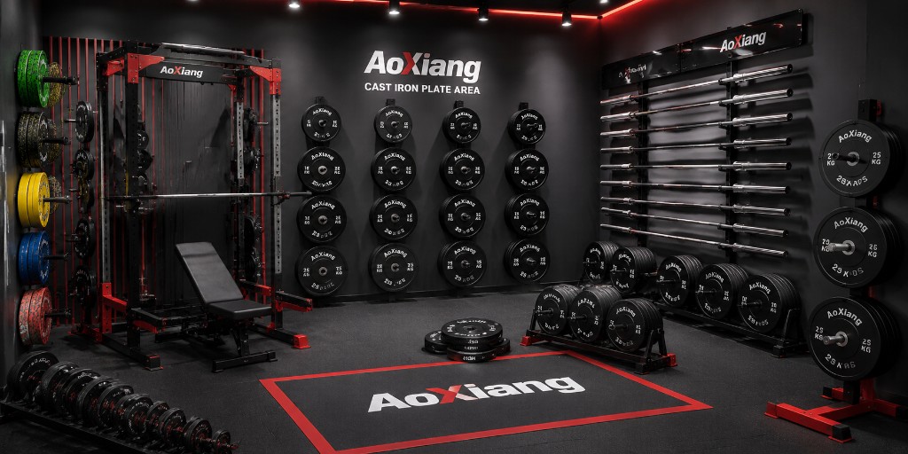 AoXiang cast iron plate area with power rack and plate storage