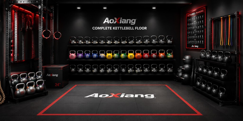 AoXiang complete kettlebell floor with color-coded kettlebell racks
