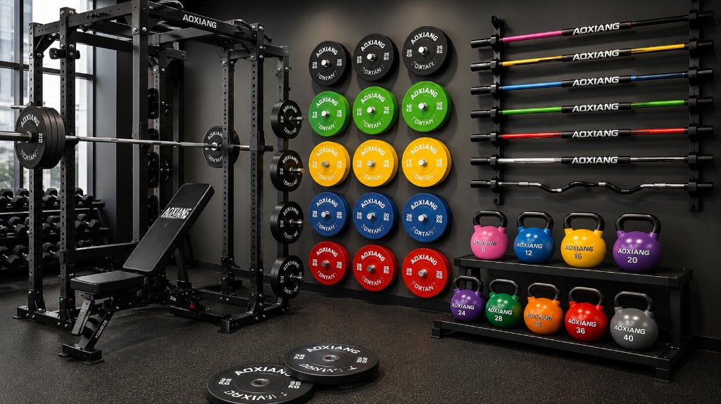 AoXiang OEM branded kettlebells, plates and racks in commercial gym