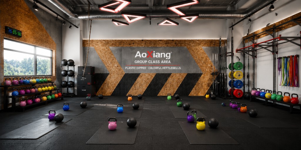 AoXiang group class area with colorful plastic dipped kettlebells