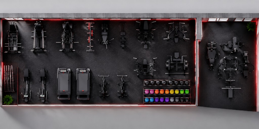 Hotel and corporate gym floor plan with cardio and strength equipment