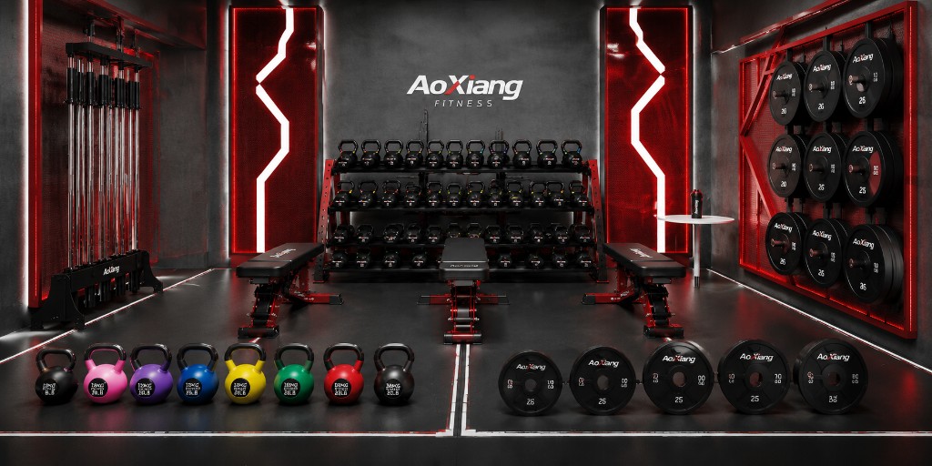 AoXiang branded commercial gym with kettlebells, plates and benches