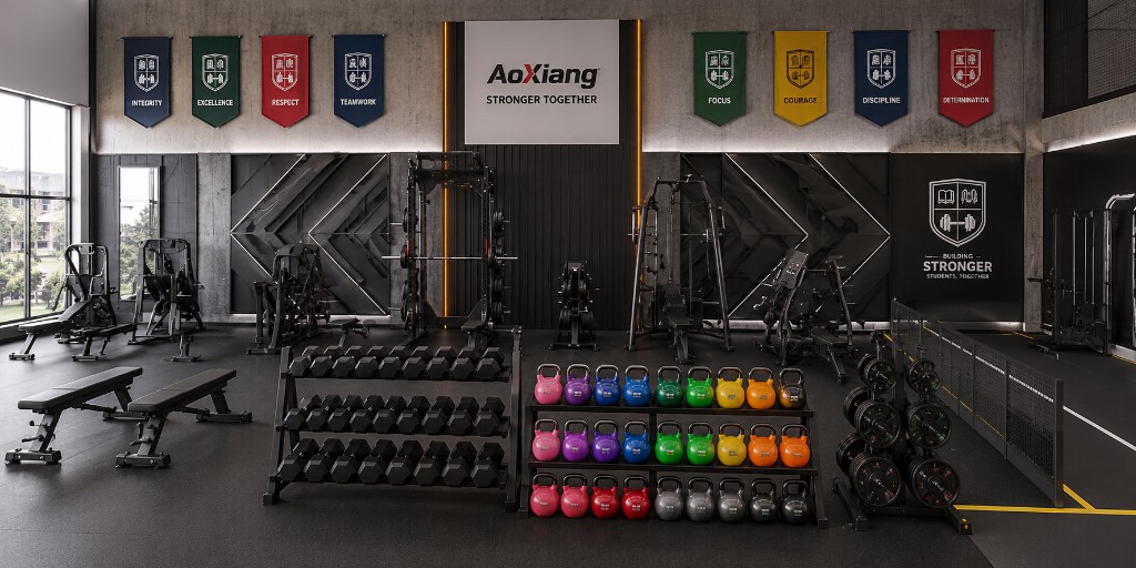 AoXiang school and institution gym with colorful kettlebells and plates