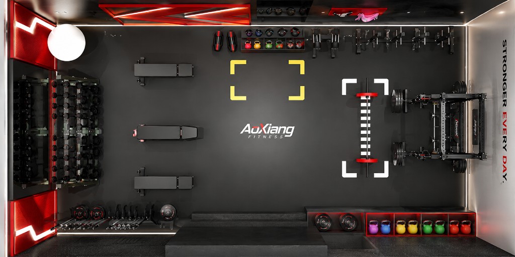 AoXiang gym floor plan with branded kettlebells, plates and racks