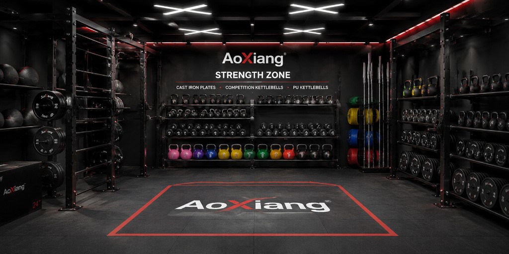 AoXiang strength zone with cast iron plates, competition and PU kettlebells