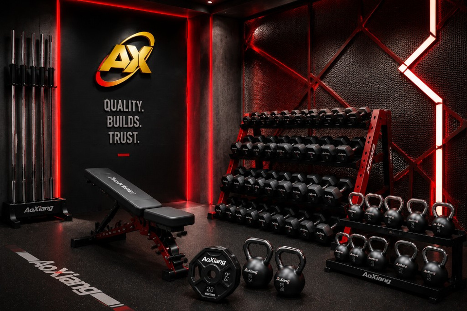 AoXiang branded free-weight zone with dumbbells, kettlebells and weight bench