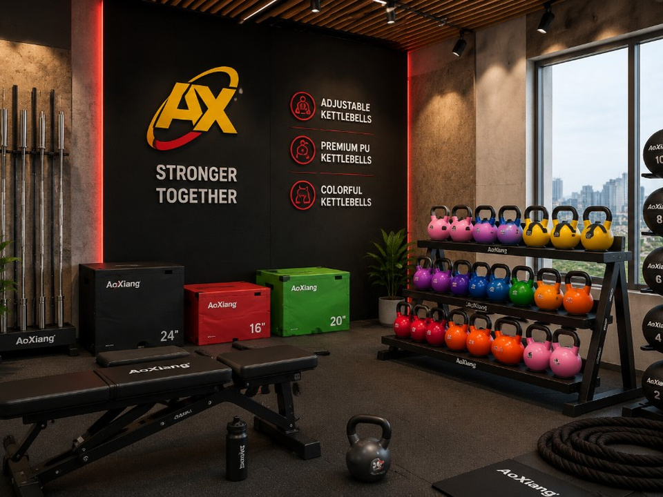 Compact hotel gym with adjustable and colorful kettlebells
