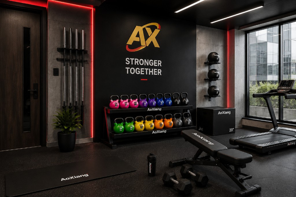 Business hotel gym with colorful kettlebells and cardio zone