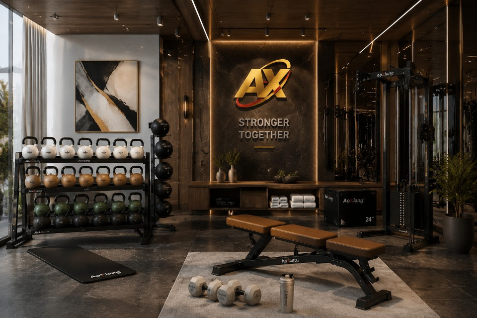 Luxury boutique hotel gym with AoXiang PU kettlebells — premium brand alternative quality