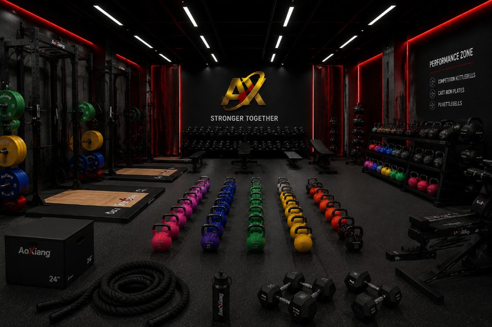 Resort hotel gym with competition kettlebells and strength zone