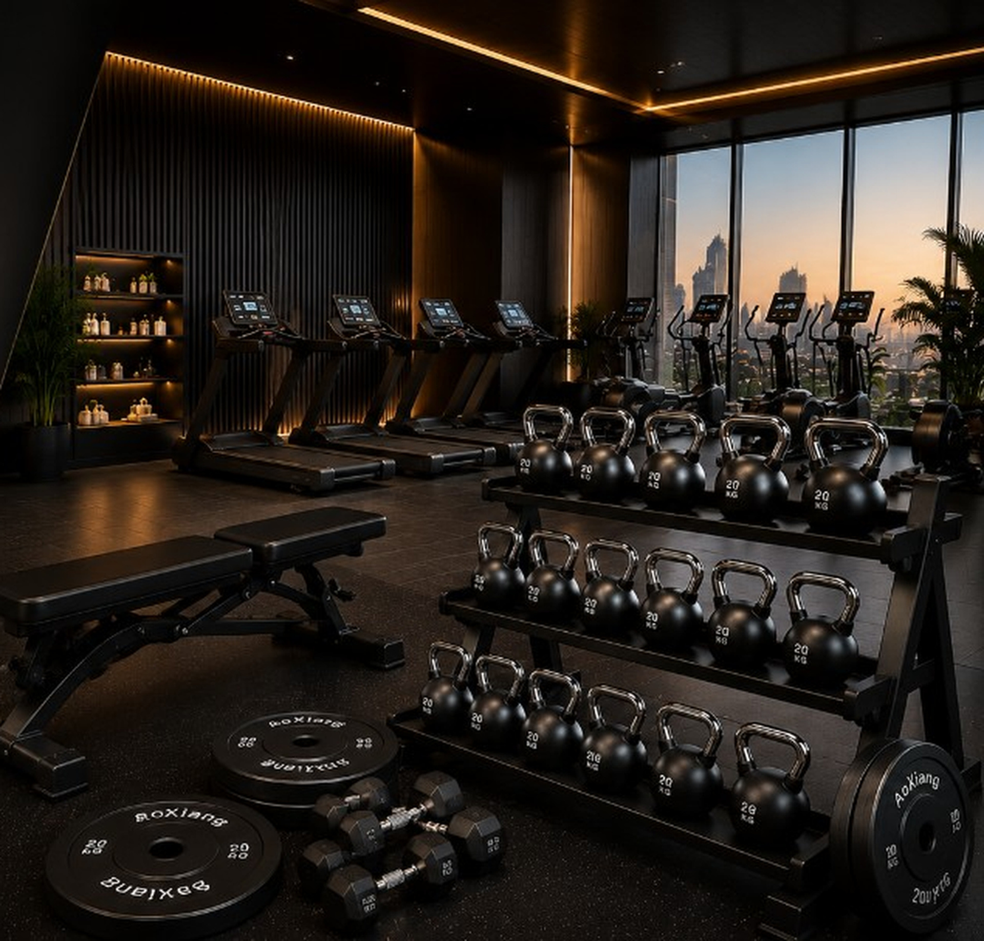 Luxury hotel fitness center with AoXiang kettlebells, plates and cardio zone
