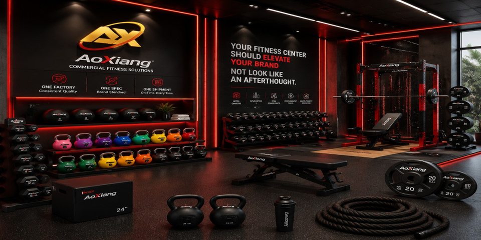 AoXiang commercial fitness showroom with branded kettlebells, dumbbells, and hotel gym solutions