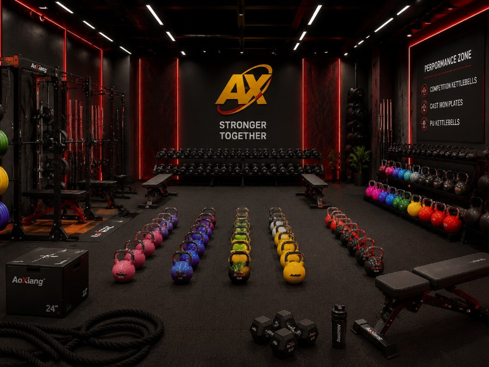 Resort hotel gym with competition kettlebells