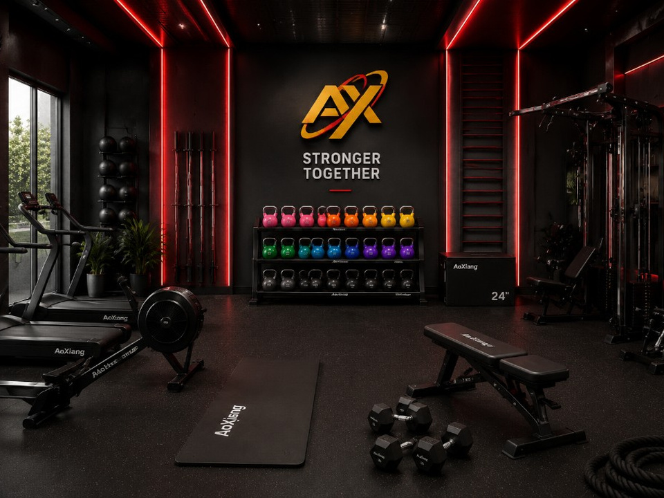 Standard hotel fitness center with dipped kettlebells