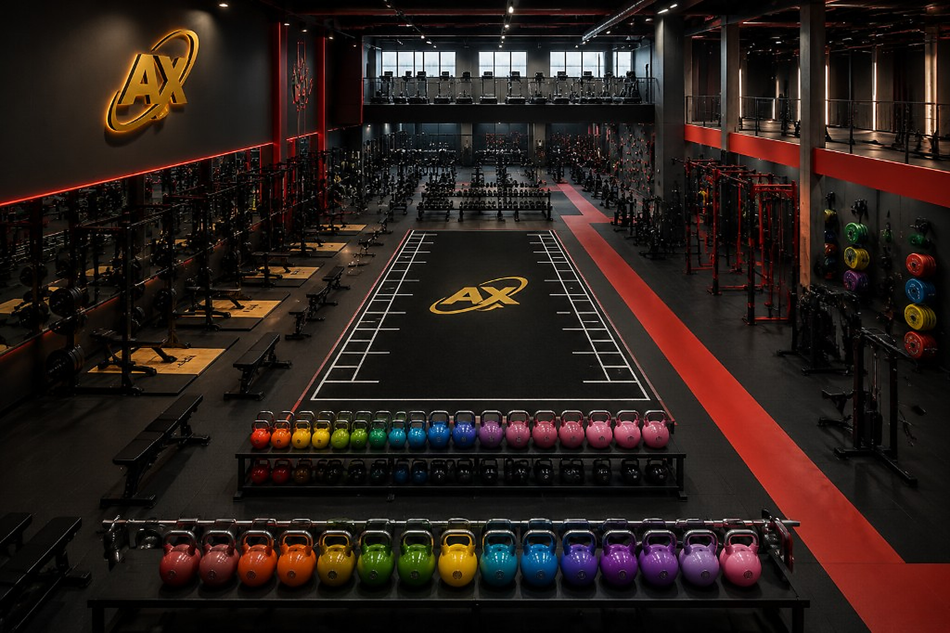 Flagship gym venue with multi-zone layout