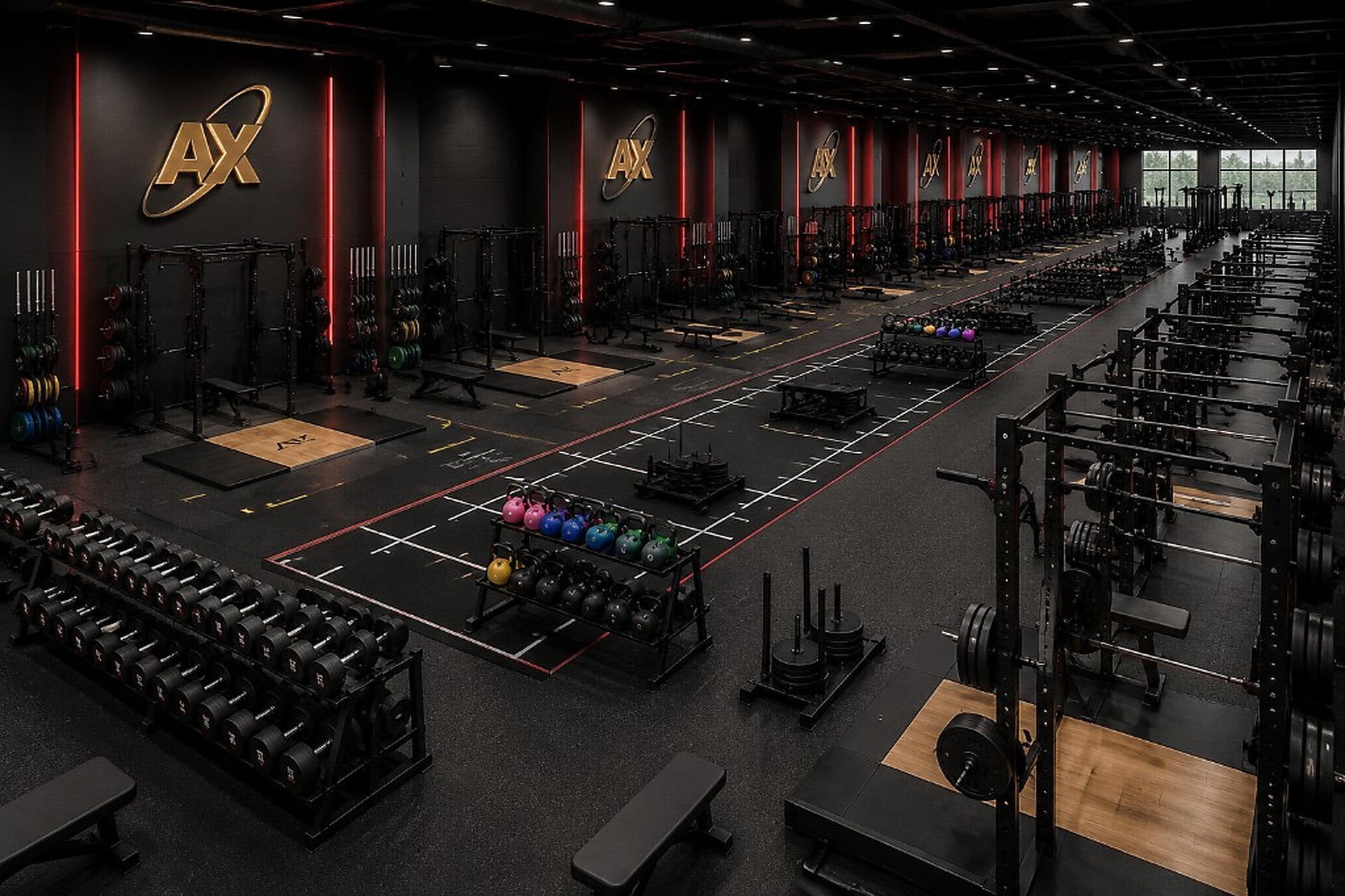 AX branded franchise gym rollout with power racks, lifting platforms and sled track