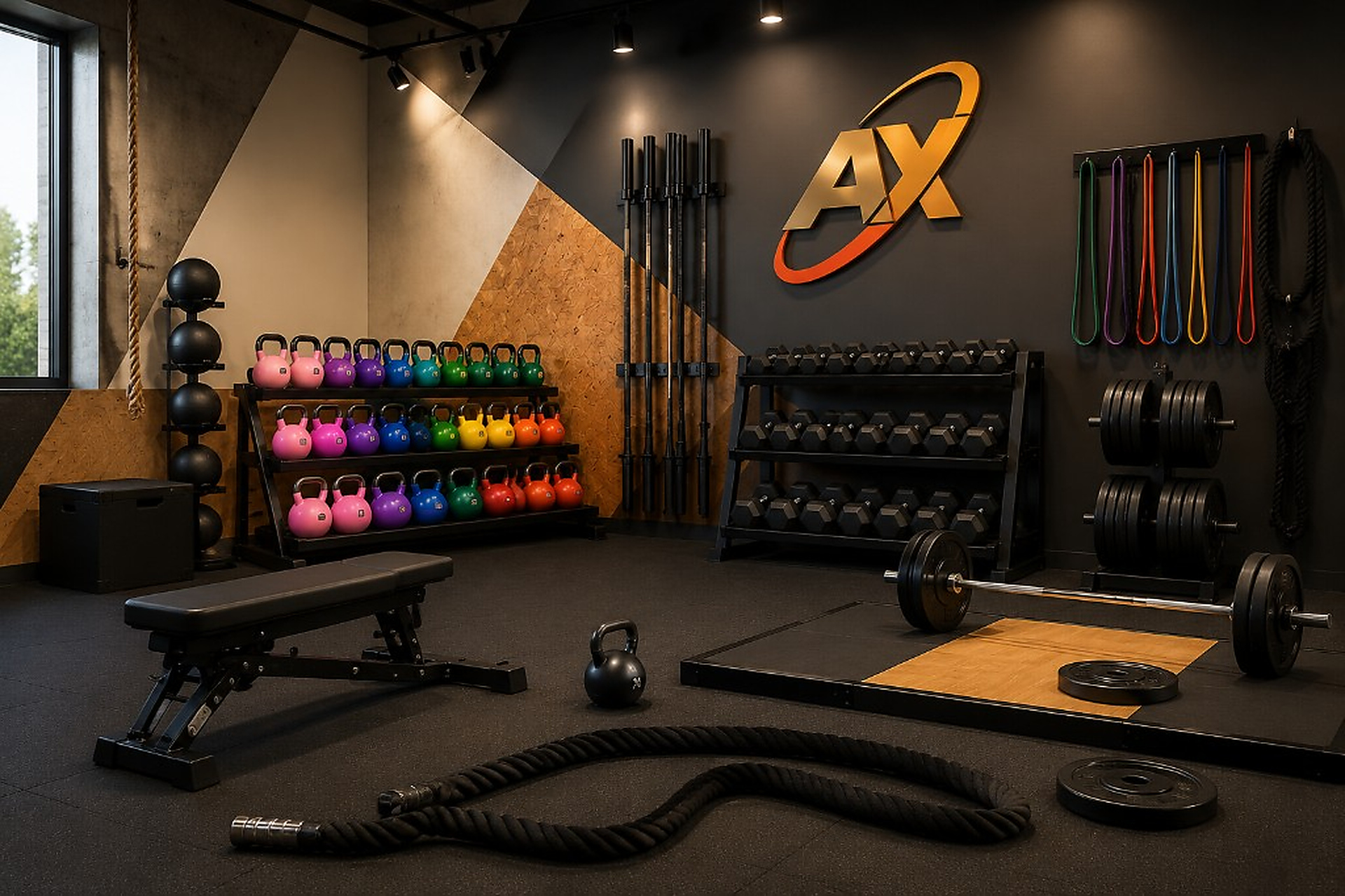 AX branded starter gym venue with colorful kettlebells and adjustable equipment