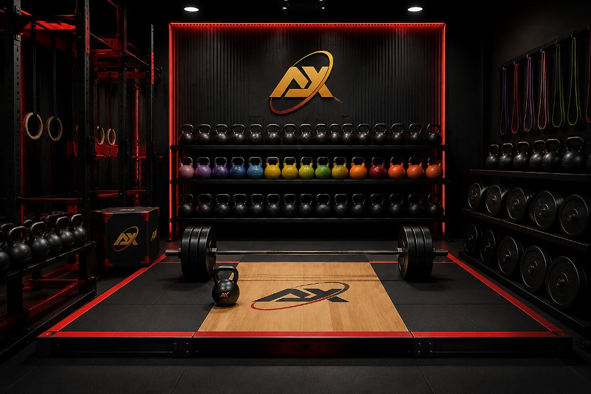 Strength platform with competition kettlebells and plates
